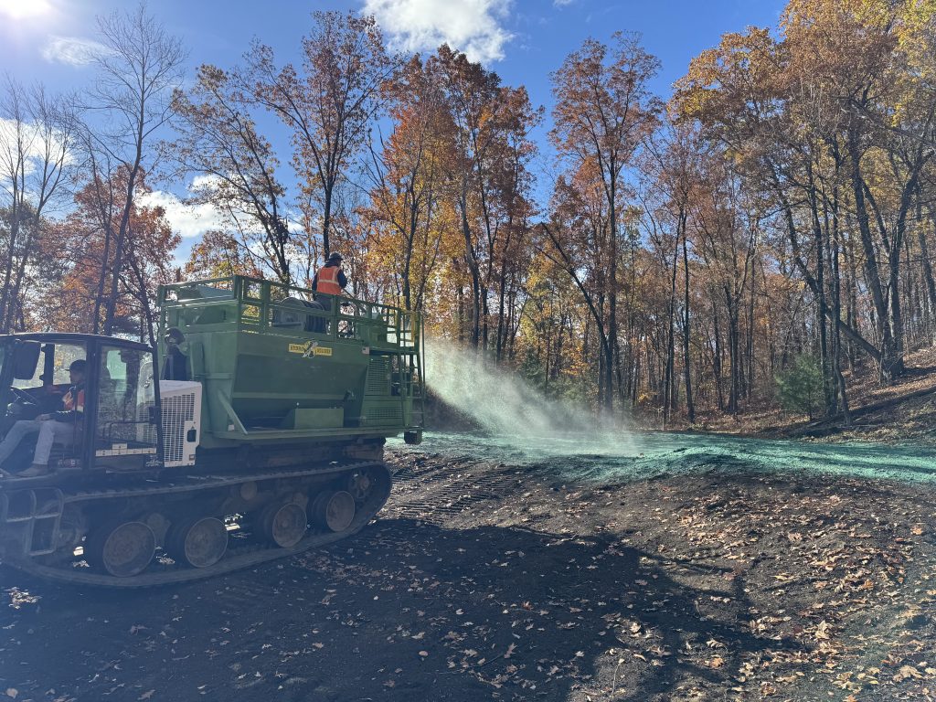 Hydroseeding with a Morooka hydroseeder by Tidy Services in Burlington, CT